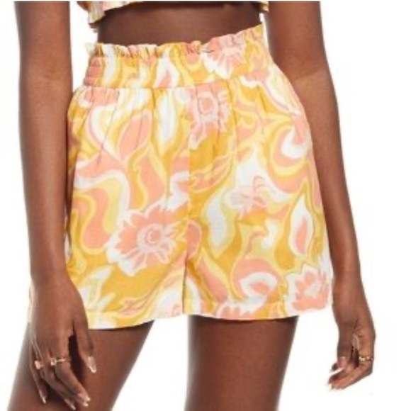 BP Nordstrom Smocked Waist Retro Hippie Shorts Yellow Pink Floral Lined Boho - Picture 1 of 14